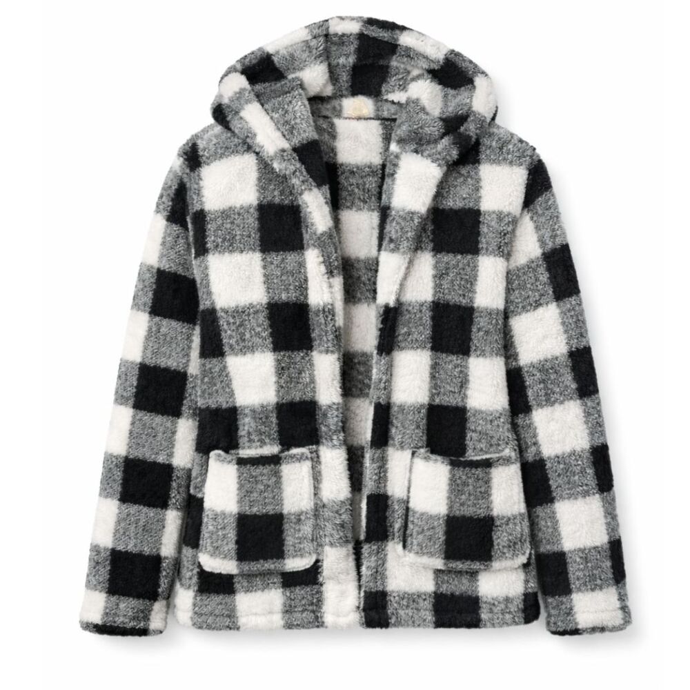 Poppy & Whimsy Buffalo Plaid Hooded Fleece Sherpa Teddy Jacket 1X Plus Size Cozy